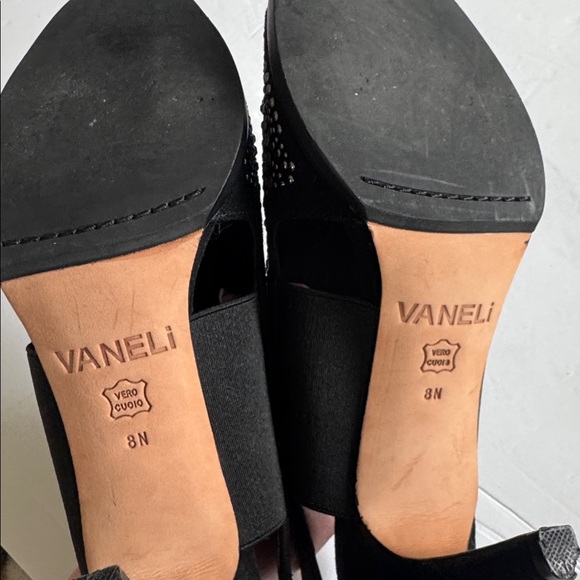VANELI Beaded Bling Velvet Open Toe Black High Heels Velcro Strap Size 8 Narrow